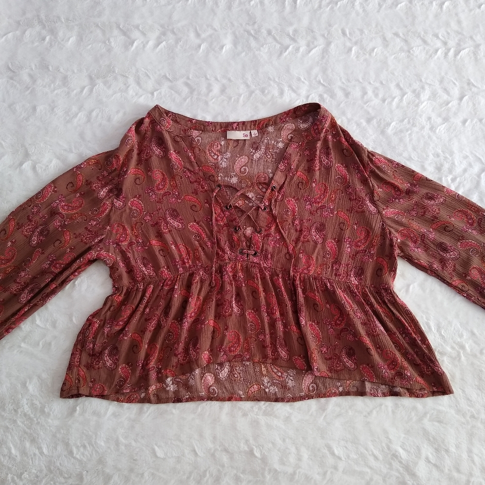 SO Paisley Lace Up Peplum Top
